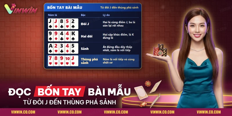 Bốn tay bài mẫu Mini Poker từ đôi J đến thùng phá sảnh xếp theo bậc