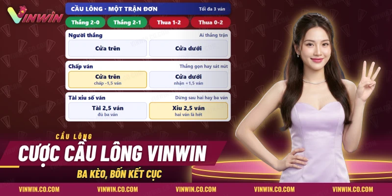 Cược cầu lông Vinwin với ba nhóm kèo người thắng, chấp ván và tài xỉu số ván của một trận đơn