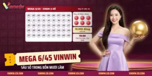 Bảng bốn mươi lăm số cùng sáu bóng chờ chọn của một bộ số Mega 6/45 Vinwin