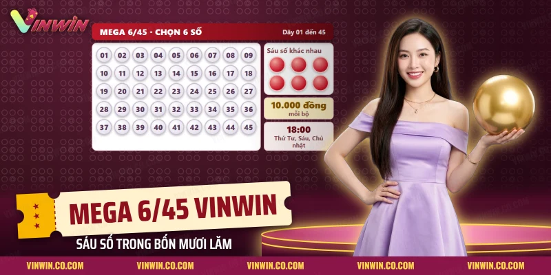 Bảng bốn mươi lăm số cùng sáu bóng chờ chọn của một bộ số Mega 6/45 Vinwin