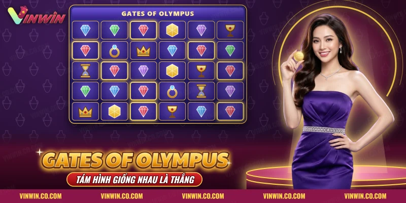Lưới quay nổ hũ Gates of Olympus Vinwin với đá quý nhiều màu, nhẫn, vương miện và chén vàng