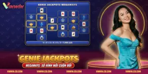 Game nổ hũ Genie Jackpots Megaways Vinwin với đèn thần, bình hoa và con thuyền trên lưới đổi hình mỗi cuộn