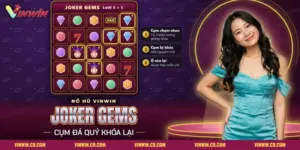 Lưới vuông của nổ hũ Joker Gems Vinwin với đá quý, chú hề và các cụm biểu tượng thắng được khóa lại